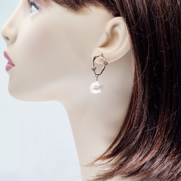 Baroque Ripple Pearl Earrings, 14K Gold Filled Abstract CZ Ear Wires - Picture 6 of 9